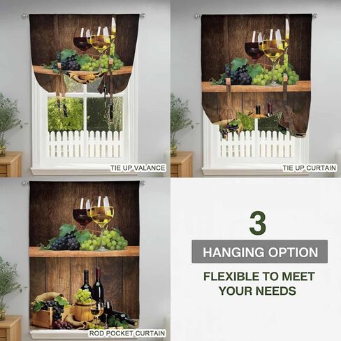 Red Wine Tie Up Curtains for Window, Grapes Glasses Country Wooden Farmhouse Thermal Insulated Balloon Shade Adjustable Rod Pocket Curtains Valance Panels for Kitchen Bathroom Café 42'' x 45'' in Saudi Arabia