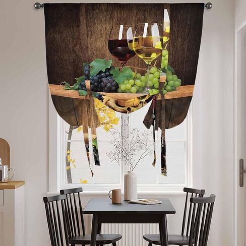 Red Wine Tie Up Curtains for Window, Grapes Glasses Country Wooden Farmhouse Thermal Insulated Balloon Shade Adjustable Rod Pocket Curtains Valance Panels for Kitchen Bathroom Café 42'' x 45'' in Saudi Arabia