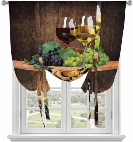 Red Wine Tie Up Curtains for Window, Grapes Glasses Country Wooden Farmhouse Thermal Insulated Balloon Shade Adjustable Rod Pocket Curtains Valance Panels for Kitchen Bathroom Café 42'' x 45'' in Saudi Arabia