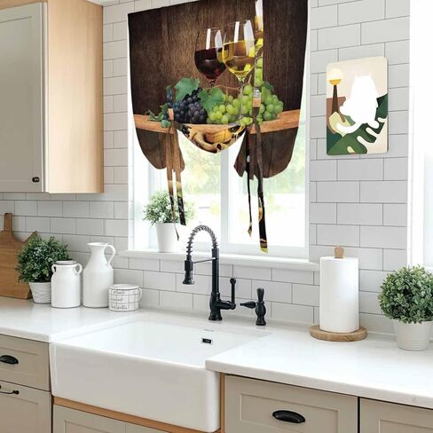 Red Wine Tie Up Curtains for Window, Grapes Glasses Country Wooden Farmhouse Thermal Insulated Balloon Shade Adjustable Rod Pocket Curtains Valance Panels for Kitchen Bathroom Café 42'' x 45'' in Saudi Arabia