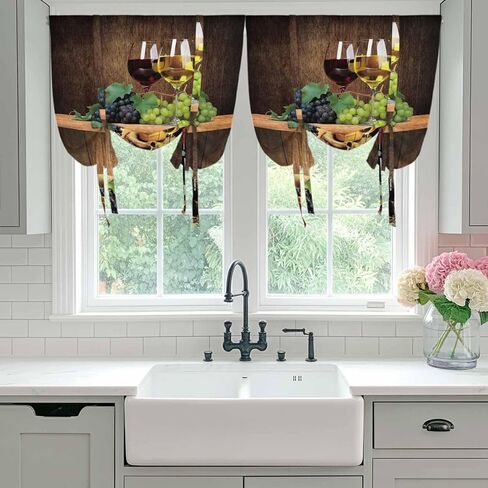 Red Wine Tie Up Curtains for Window, Grapes Glasses Country Wooden Farmhouse Thermal Insulated Balloon Shade Adjustable Rod Pocket Curtains Valance Panels for Kitchen Bathroom Café 42'' x 45'' in Saudi Arabia