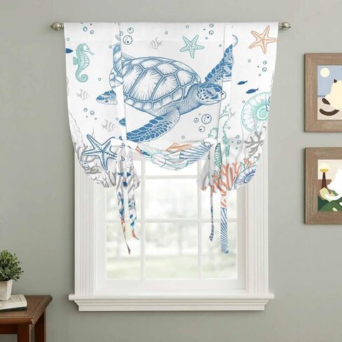 Ocean Sea Turtle Tie Up Curtains for Window, Summer Coastal Beach Starfish Corals Thermal Insulated Balloon Shade Adjustable Rod Pocket Curtains Valance Panels for Kitchen Bathroom Café 52'' x 45'' in Saudi Arabia