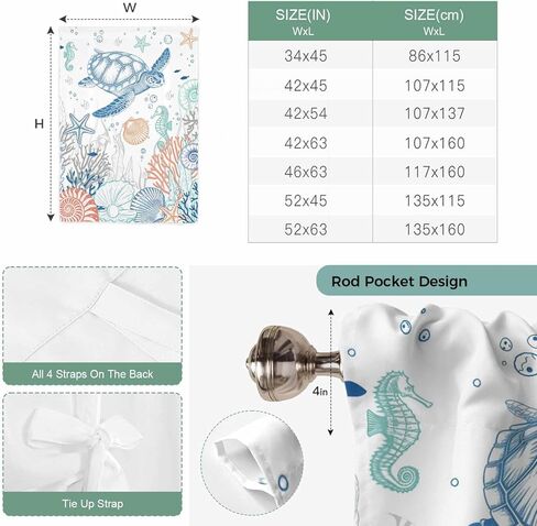 Ocean Sea Turtle Tie Up Curtains for Window, Summer Coastal Beach Starfish Corals Thermal Insulated Balloon Shade Adjustable Rod Pocket Curtains Valance Panels for Kitchen Bathroom Café 52'' x 45'' in Saudi Arabia