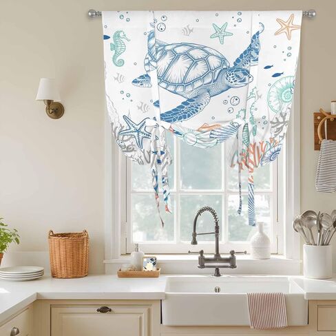 Ocean Sea Turtle Tie Up Curtains for Window, Summer Coastal Beach Starfish Corals Thermal Insulated Balloon Shade Adjustable Rod Pocket Curtains Valance Panels for Kitchen Bathroom Café 52'' x 45'' in Saudi Arabia