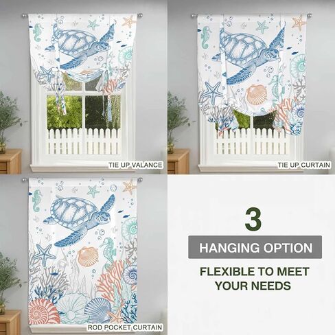 Ocean Sea Turtle Tie Up Curtains for Window, Summer Coastal Beach Starfish Corals Thermal Insulated Balloon Shade Adjustable Rod Pocket Curtains Valance Panels for Kitchen Bathroom Café 52'' x 45'' in Saudi Arabia
