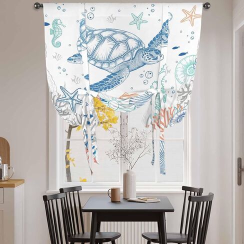 Ocean Sea Turtle Tie Up Curtains for Window, Summer Coastal Beach Starfish Corals Thermal Insulated Balloon Shade Adjustable Rod Pocket Curtains Valance Panels for Kitchen Bathroom Café 52'' x 45'' in Saudi Arabia