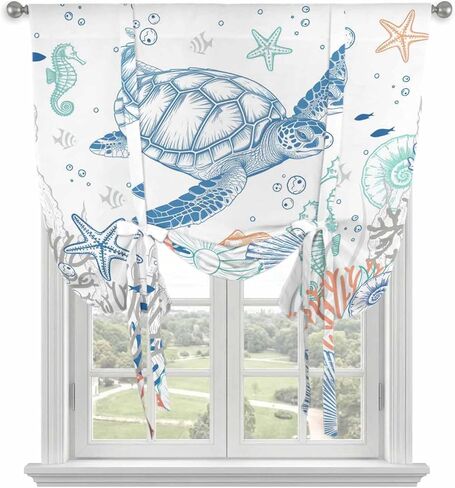 Ocean Sea Turtle Tie Up Curtains for Window, Summer Coastal Beach Starfish Corals Thermal Insulated Balloon Shade Adjustable Rod Pocket Curtains Valance Panels for Kitchen Bathroom Café 52'' x 45'' in Saudi Arabia