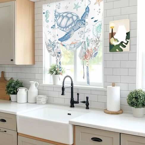 Ocean Sea Turtle Tie Up Curtains for Window, Summer Coastal Beach Starfish Corals Thermal Insulated Balloon Shade Adjustable Rod Pocket Curtains Valance Panels for Kitchen Bathroom Café 52'' x 45'' in Saudi Arabia