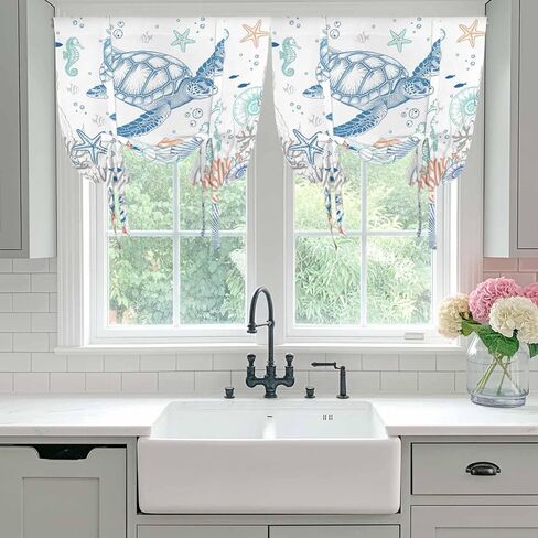 Ocean Sea Turtle Tie Up Curtains for Window, Summer Coastal Beach Starfish Corals Thermal Insulated Balloon Shade Adjustable Rod Pocket Curtains Valance Panels for Kitchen Bathroom Café 52'' x 45'' in Saudi Arabia