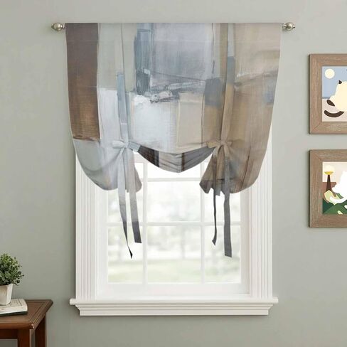 Blue Grey Art Tie Up Curtains for Window, Vintage Painting Abstract Retro Art Thermal Insulated Balloon Shade Adjustable Rod Pocket Curtains Valance Panels for Kitchen Bathroom Café 46'' x 63'' in Saudi Arabia
