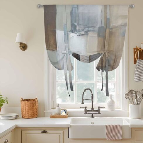 Blue Grey Art Tie Up Curtains for Window, Vintage Painting Abstract Retro Art Thermal Insulated Balloon Shade Adjustable Rod Pocket Curtains Valance Panels for Kitchen Bathroom Café 46'' x 63'' in Saudi Arabia