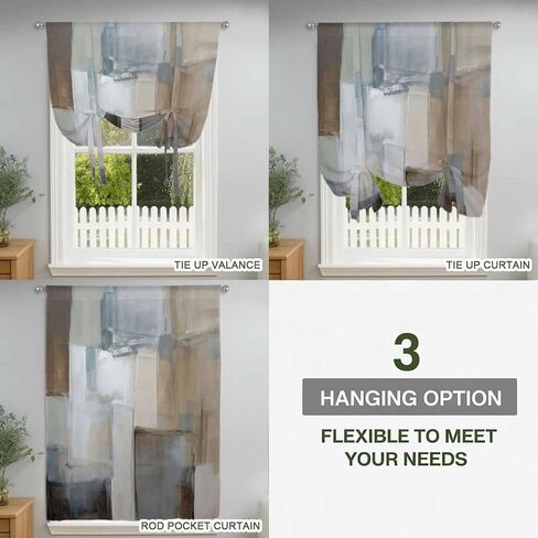 Blue Grey Art Tie Up Curtains for Window, Vintage Painting Abstract Retro Art Thermal Insulated Balloon Shade Adjustable Rod Pocket Curtains Valance Panels for Kitchen Bathroom Café 46'' x 63'' in Saudi Arabia