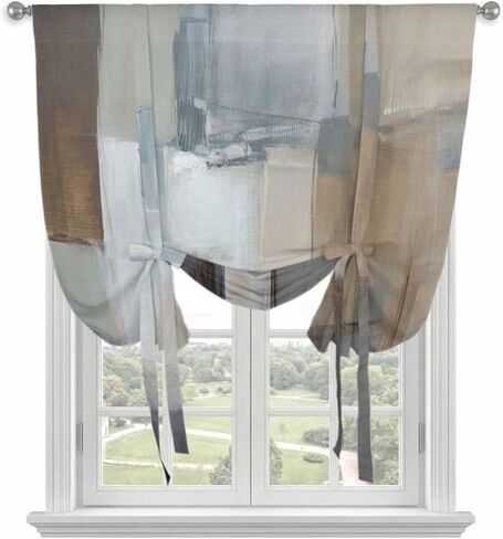 Blue Grey Art Tie Up Curtains for Window, Vintage Painting Abstract Retro Art Thermal Insulated Balloon Shade Adjustable Rod Pocket Curtains Valance Panels for Kitchen Bathroom Café 46'' x 63'' in Saudi Arabia