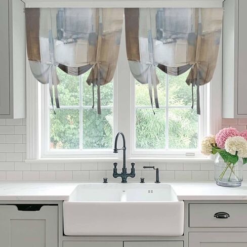 Blue Grey Art Tie Up Curtains for Window, Vintage Painting Abstract Retro Art Thermal Insulated Balloon Shade Adjustable Rod Pocket Curtains Valance Panels for Kitchen Bathroom Café 46'' x 63'' in Saudi Arabia