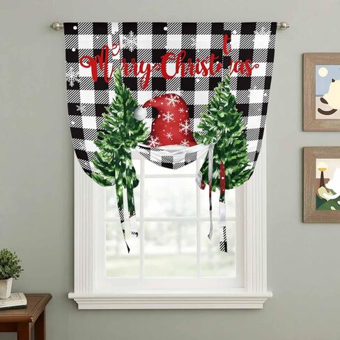 Black White Plaid Christmas Tie Up Curtains for Window, Gnomes Xmas Tree Snowflake Winter Thermal Balloon Shade Adjustable Rod Pocket Curtains Valance Panels for Kitchen Bathroom Café 34'' x 45'' in Saudi Arabia