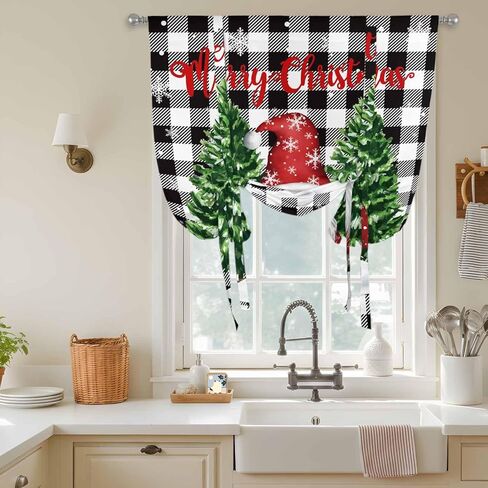 Black White Plaid Christmas Tie Up Curtains for Window, Gnomes Xmas Tree Snowflake Winter Thermal Balloon Shade Adjustable Rod Pocket Curtains Valance Panels for Kitchen Bathroom Café 34'' x 45'' in Saudi Arabia