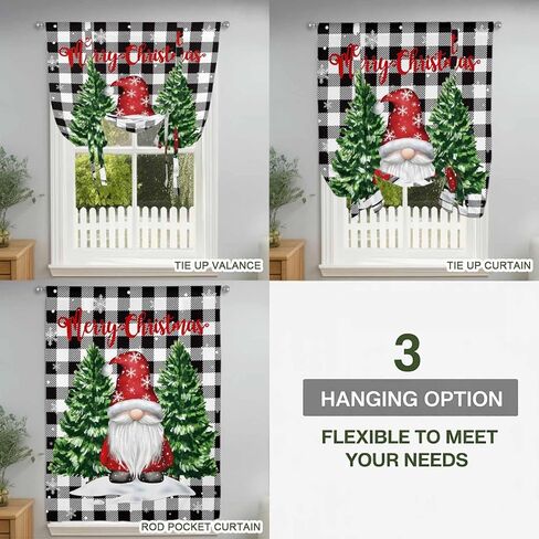 Black White Plaid Christmas Tie Up Curtains for Window, Gnomes Xmas Tree Snowflake Winter Thermal Balloon Shade Adjustable Rod Pocket Curtains Valance Panels for Kitchen Bathroom Café 34'' x 45'' in Saudi Arabia