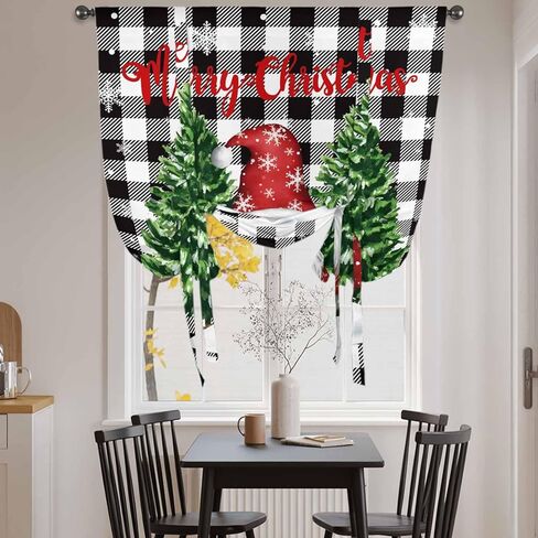Black White Plaid Christmas Tie Up Curtains for Window, Gnomes Xmas Tree Snowflake Winter Thermal Balloon Shade Adjustable Rod Pocket Curtains Valance Panels for Kitchen Bathroom Café 34'' x 45'' in Saudi Arabia