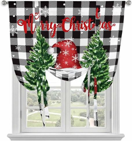 Black White Plaid Christmas Tie Up Curtains for Window, Gnomes Xmas Tree Snowflake Winter Thermal Balloon Shade Adjustable Rod Pocket Curtains Valance Panels for Kitchen Bathroom Café 34'' x 45'' in Saudi Arabia