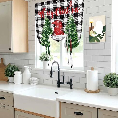 Black White Plaid Christmas Tie Up Curtains for Window, Gnomes Xmas Tree Snowflake Winter Thermal Balloon Shade Adjustable Rod Pocket Curtains Valance Panels for Kitchen Bathroom Café 34'' x 45'' in Saudi Arabia