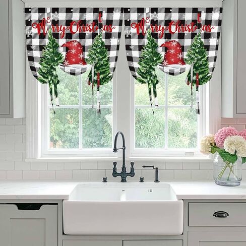 Black White Plaid Christmas Tie Up Curtains for Window, Gnomes Xmas Tree Snowflake Winter Thermal Balloon Shade Adjustable Rod Pocket Curtains Valance Panels for Kitchen Bathroom Café 34'' x 45'' in Saudi Arabia
