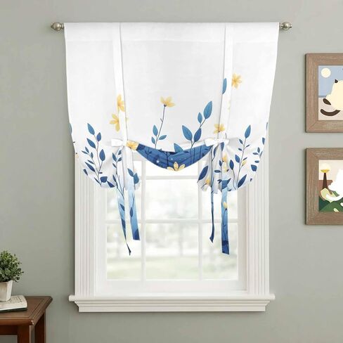 Blue Ombre Eucalyptus Tie Up Curtains for Window, Elegant Yellow Floral Botanical Thermal Insulated Balloon Shade Adjustable Rod Pocket Curtains Valance Panels for Kitchen Bathroom Café 52'' x 45'' in Saudi Arabia