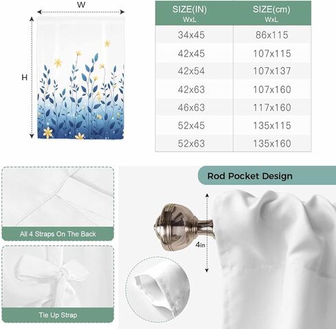 Blue Ombre Eucalyptus Tie Up Curtains for Window, Elegant Yellow Floral Botanical Thermal Insulated Balloon Shade Adjustable Rod Pocket Curtains Valance Panels for Kitchen Bathroom Café 52'' x 45'' in Saudi Arabia