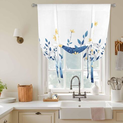 Blue Ombre Eucalyptus Tie Up Curtains for Window, Elegant Yellow Floral Botanical Thermal Insulated Balloon Shade Adjustable Rod Pocket Curtains Valance Panels for Kitchen Bathroom Café 52'' x 45'' in Saudi Arabia