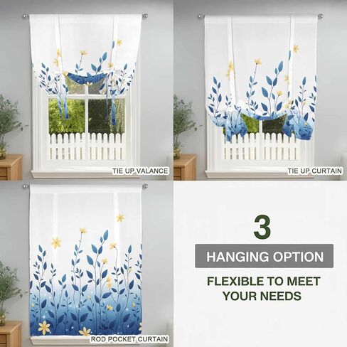 Blue Ombre Eucalyptus Tie Up Curtains for Window, Elegant Yellow Floral Botanical Thermal Insulated Balloon Shade Adjustable Rod Pocket Curtains Valance Panels for Kitchen Bathroom Café 52'' x 45'' in Saudi Arabia