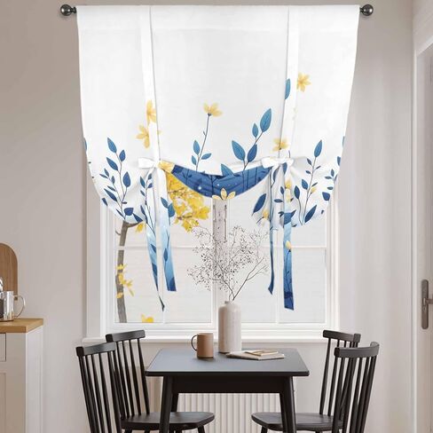 Blue Ombre Eucalyptus Tie Up Curtains for Window, Elegant Yellow Floral Botanical Thermal Insulated Balloon Shade Adjustable Rod Pocket Curtains Valance Panels for Kitchen Bathroom Café 52'' x 45'' in Saudi Arabia