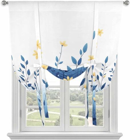 Blue Ombre Eucalyptus Tie Up Curtains for Window, Elegant Yellow Floral Botanical Thermal Insulated Balloon Shade Adjustable Rod Pocket Curtains Valance Panels for Kitchen Bathroom Café 52'' x 45'' in Saudi Arabia