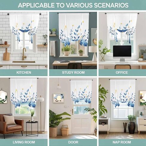 Blue Ombre Eucalyptus Tie Up Curtains for Window, Elegant Yellow Floral Botanical Thermal Insulated Balloon Shade Adjustable Rod Pocket Curtains Valance Panels for Kitchen Bathroom Café 52'' x 45'' in Saudi Arabia
