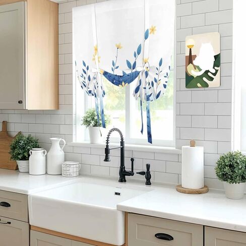 Blue Ombre Eucalyptus Tie Up Curtains for Window, Elegant Yellow Floral Botanical Thermal Insulated Balloon Shade Adjustable Rod Pocket Curtains Valance Panels for Kitchen Bathroom Café 52'' x 45'' in Saudi Arabia