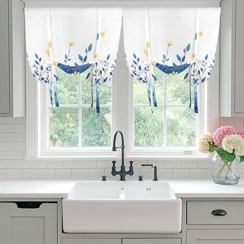 Blue Ombre Eucalyptus Tie Up Curtains for Window, Elegant Yellow Floral Botanical Thermal Insulated Balloon Shade Adjustable Rod Pocket Curtains Valance Panels for Kitchen Bathroom Café 52'' x 45'' in Saudi Arabia
