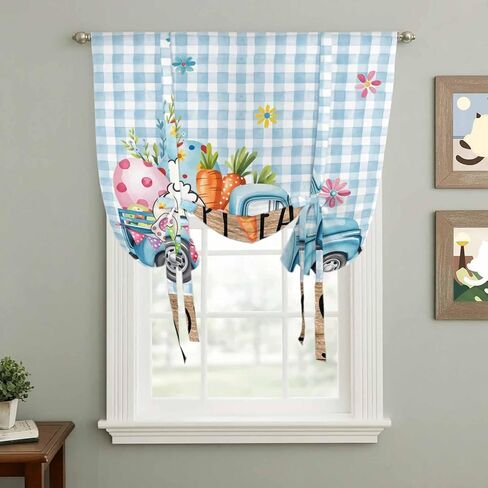 Easter Tie Up Curtains for Window, Blue Truck Eggs Bunny Checkered Farmhouse Thermal Insulated Balloon Shade Adjustable Rod Pocket Curtains Valance Panels for Kitchen Bathroom Café 42'' x 45'' in Saudi Arabia