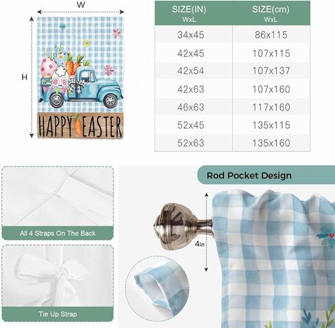 Easter Tie Up Curtains for Window, Blue Truck Eggs Bunny Checkered Farmhouse Thermal Insulated Balloon Shade Adjustable Rod Pocket Curtains Valance Panels for Kitchen Bathroom Café 42'' x 45'' in Saudi Arabia