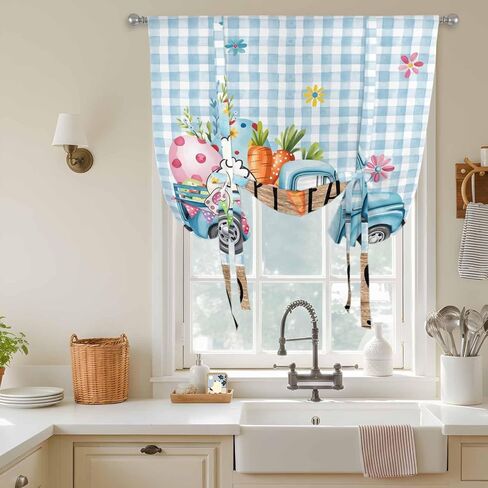Easter Tie Up Curtains for Window, Blue Truck Eggs Bunny Checkered Farmhouse Thermal Insulated Balloon Shade Adjustable Rod Pocket Curtains Valance Panels for Kitchen Bathroom Café 42'' x 45'' in Saudi Arabia