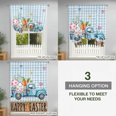 Easter Tie Up Curtains for Window, Blue Truck Eggs Bunny Checkered Farmhouse Thermal Insulated Balloon Shade Adjustable Rod Pocket Curtains Valance Panels for Kitchen Bathroom Café 42'' x 45'' in Saudi Arabia
