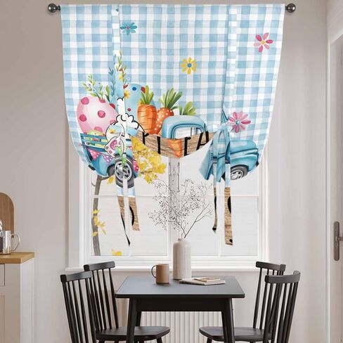 Easter Tie Up Curtains for Window, Blue Truck Eggs Bunny Checkered Farmhouse Thermal Insulated Balloon Shade Adjustable Rod Pocket Curtains Valance Panels for Kitchen Bathroom Café 42'' x 45'' in Saudi Arabia