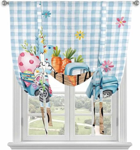 Easter Tie Up Curtains for Window, Blue Truck Eggs Bunny Checkered Farmhouse Thermal Insulated Balloon Shade Adjustable Rod Pocket Curtains Valance Panels for Kitchen Bathroom Café 42'' x 45'' in Saudi Arabia