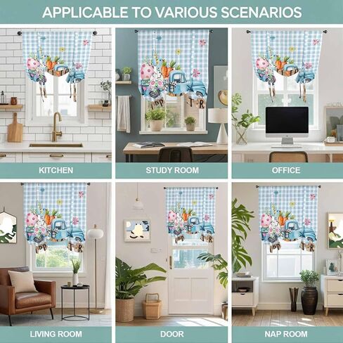 Easter Tie Up Curtains for Window, Blue Truck Eggs Bunny Checkered Farmhouse Thermal Insulated Balloon Shade Adjustable Rod Pocket Curtains Valance Panels for Kitchen Bathroom Café 42'' x 45'' in Saudi Arabia