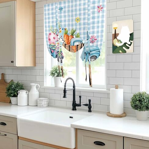 Easter Tie Up Curtains for Window, Blue Truck Eggs Bunny Checkered Farmhouse Thermal Insulated Balloon Shade Adjustable Rod Pocket Curtains Valance Panels for Kitchen Bathroom Café 42'' x 45'' in Saudi Arabia