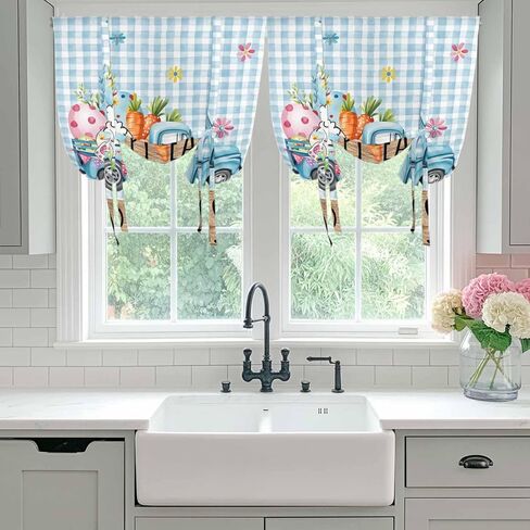 Easter Tie Up Curtains for Window, Blue Truck Eggs Bunny Checkered Farmhouse Thermal Insulated Balloon Shade Adjustable Rod Pocket Curtains Valance Panels for Kitchen Bathroom Café 42'' x 45'' in Saudi Arabia