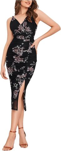 WDIRARA Women's Floral Print V Neck Split Thigh Bodycon Cami Dress Mesh Ruched Midi Dresses in Saudi Arabia