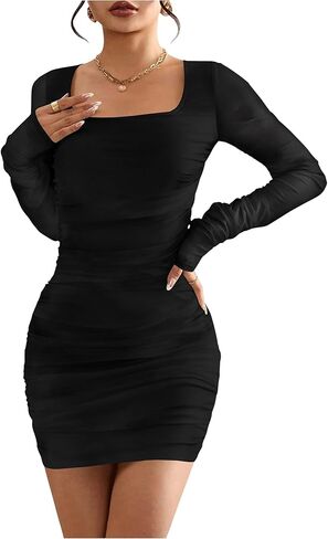 MOEENCN Women's Sexy Mesh Dress Square Neck Long Sleeve Ruched Printed Bodycon Party Club Cocktail Mini Dresses in Saudi Arabia