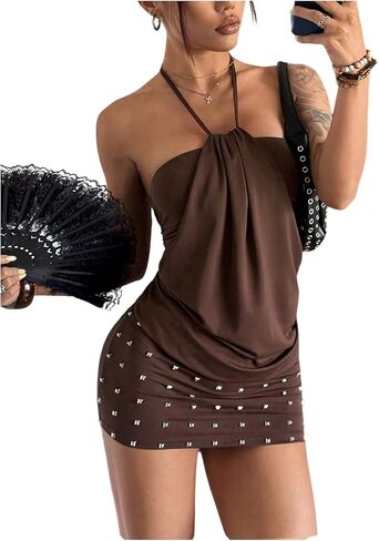 Floerns Women's Y2K Rivet Halter Ruched Mini Dress Tie Open Back Sleeveless Bodycon Going Out Dresses in Saudi Arabia