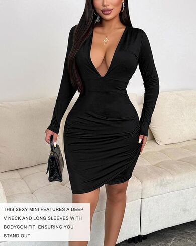 Women's Long Sleeve Bodycon Dress - Sexy Mini Club Dress, Slim Fit Knit Cocktail Party Dress V Neck in Saudi Arabia