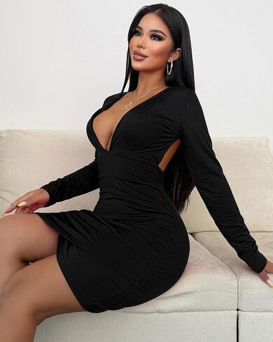 Women's Long Sleeve Bodycon Dress - Sexy Mini Club Dress, Slim Fit Knit Cocktail Party Dress V Neck in Saudi Arabia