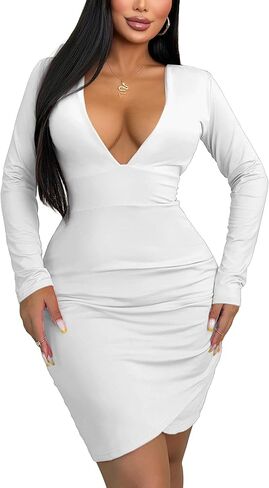 Women's Long Sleeve Bodycon Dress - Sexy Mini Club Dress, Slim Fit Knit Cocktail Party Dress V Neck in Saudi Arabia