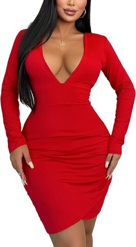 Women's Long Sleeve Bodycon Dress - Sexy Mini Club Dress, Slim Fit Knit Cocktail Party Dress V Neck in Saudi Arabia